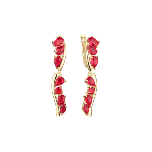 Aretes cluster seis piedras rojas en Oro de 14K, baño de Oro Rosa colores