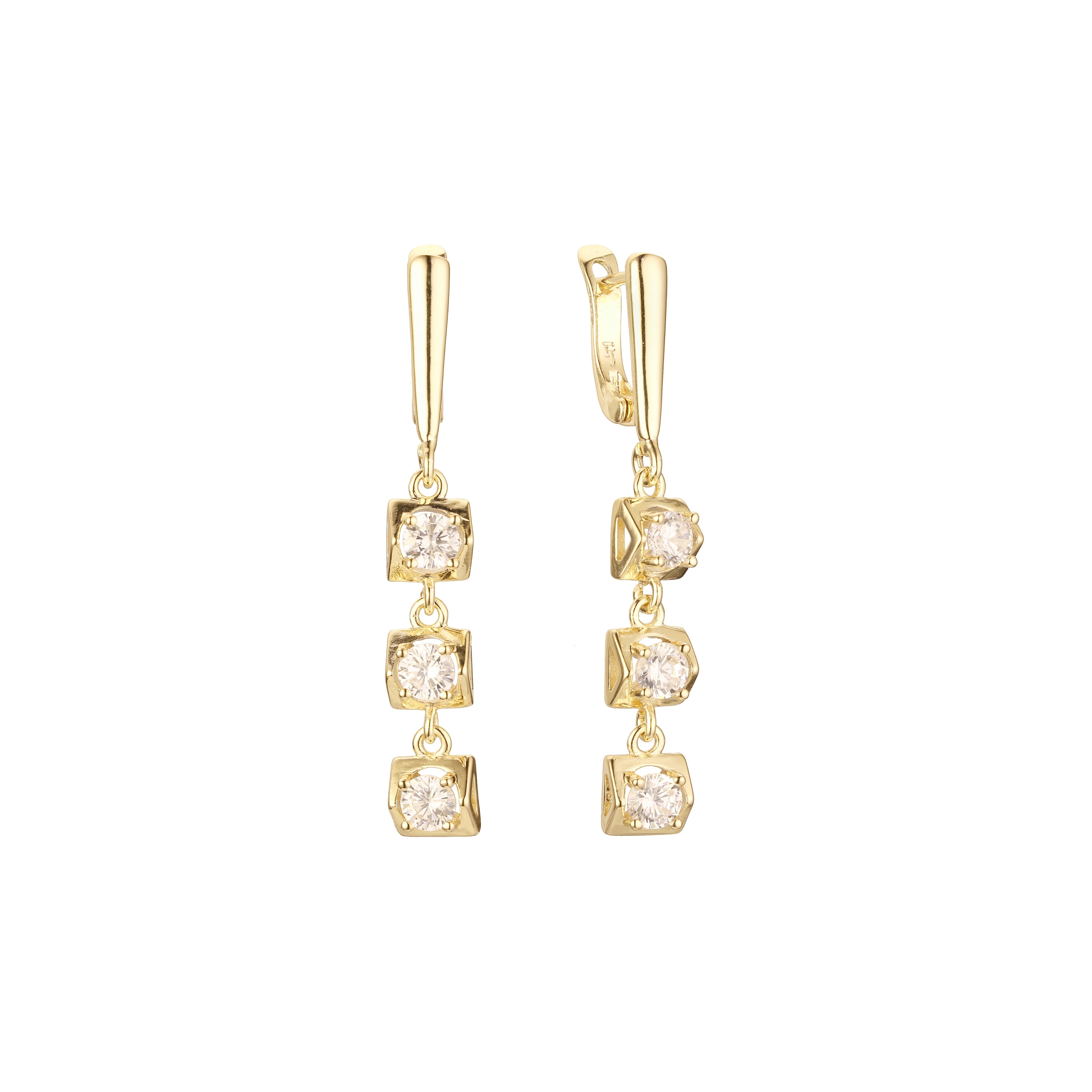 Aretes colgantes de racimo de tres piedras en colores con baño de Oro 14K, oro blanco y oro rosa