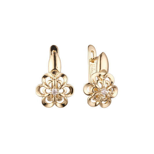 Aretes flor solitario en Oro 14K, Oro Rosa, baño en dos tonos