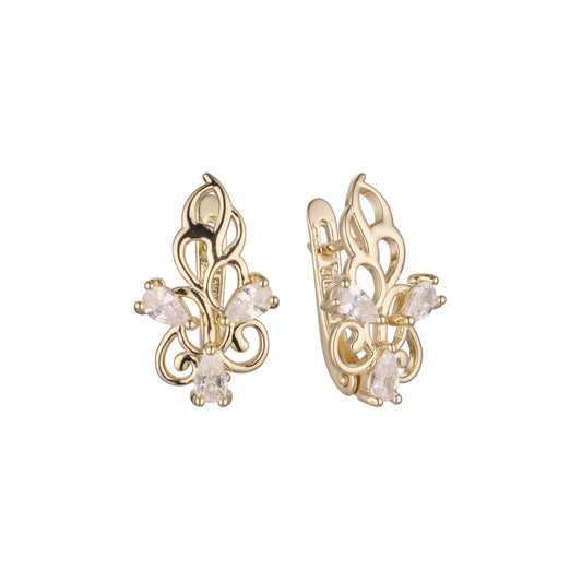 Luxurious three stones cluster earrings in 14K Gold, Rose Gold plating colors