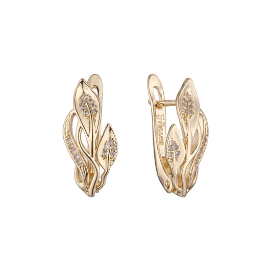 Aretes de racimo de hojas dobles Oro 14K, Oro rosa, baño de dos tonos