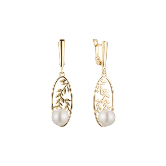 Elegantes aretes colgantes de hojas de perla en Oro de 14K, colores baño de Oro Rosa