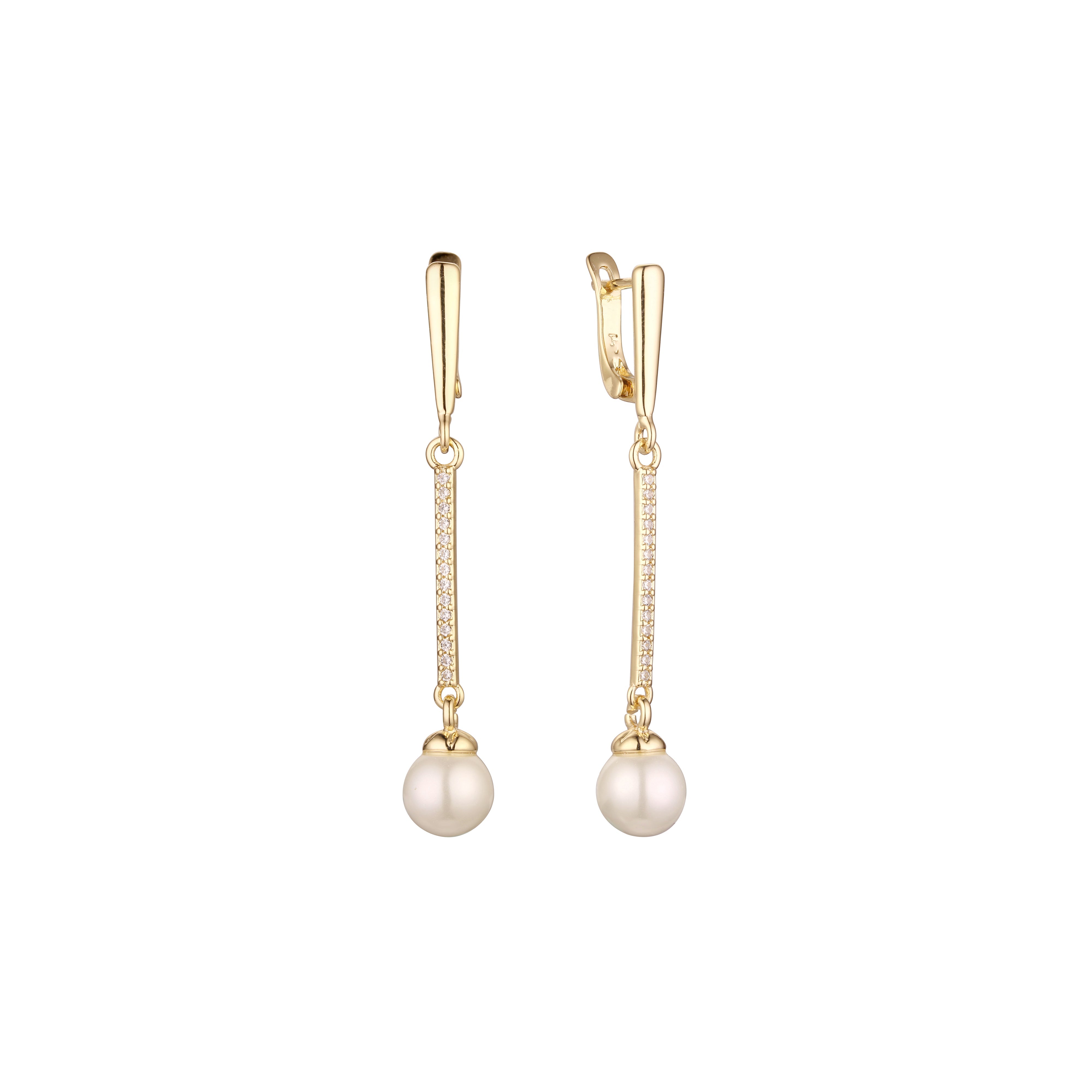 Tall pearl drop earrings in 14K Gold, Rose Gold, two tone plating colors