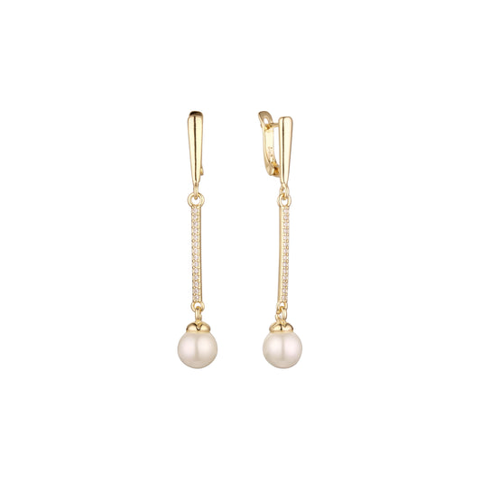 Tall pearl drop earrings in 14K Gold, Rose Gold, two tone plating colors