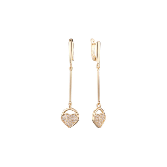 Lock of heart and love tall drop earrings in 14K Gold, Rose Gold, two tone plating colors