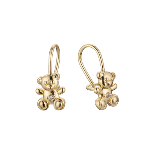 Wire hook bear solitaire child earrings in 14K Gold, Rose Gold plating colors