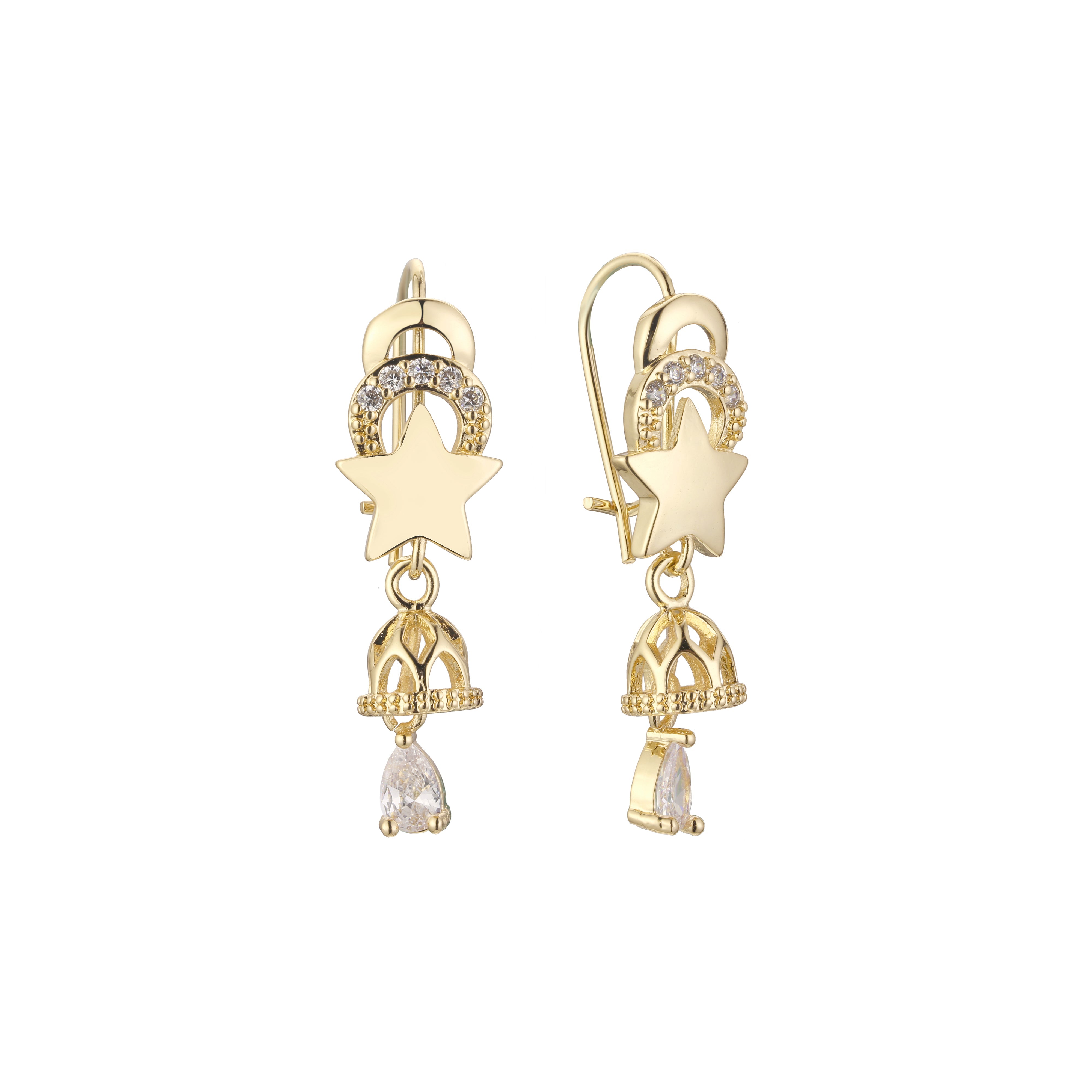 Aretes colgantes tipo candelabro con racimo de estrellas y gancho de alambre en Oro 14K, colores chapados en oro rosa