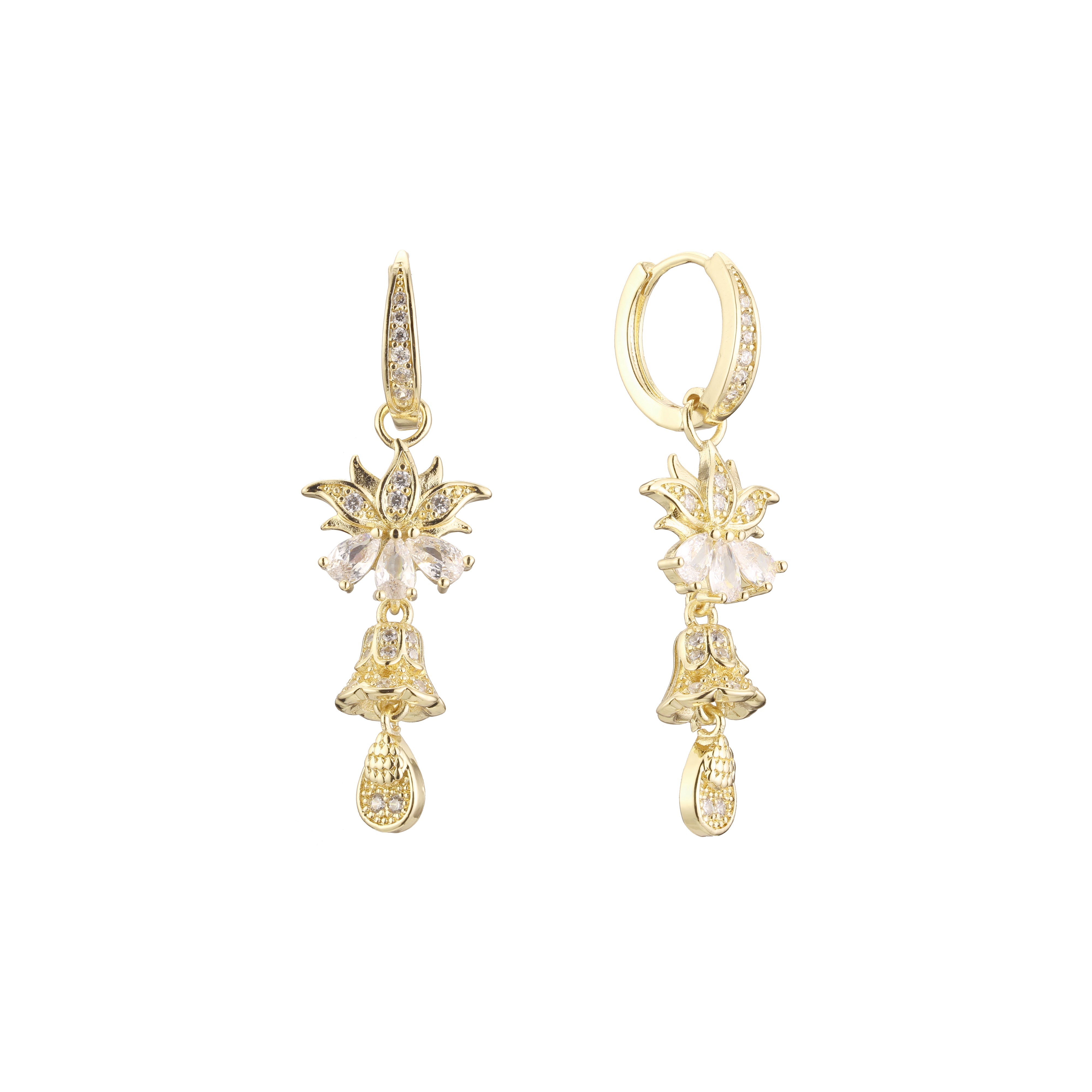 Aretes colgantes tipo candelabro con forma de racimo de hojas en Oro 14K, colores chapados en oro rosa