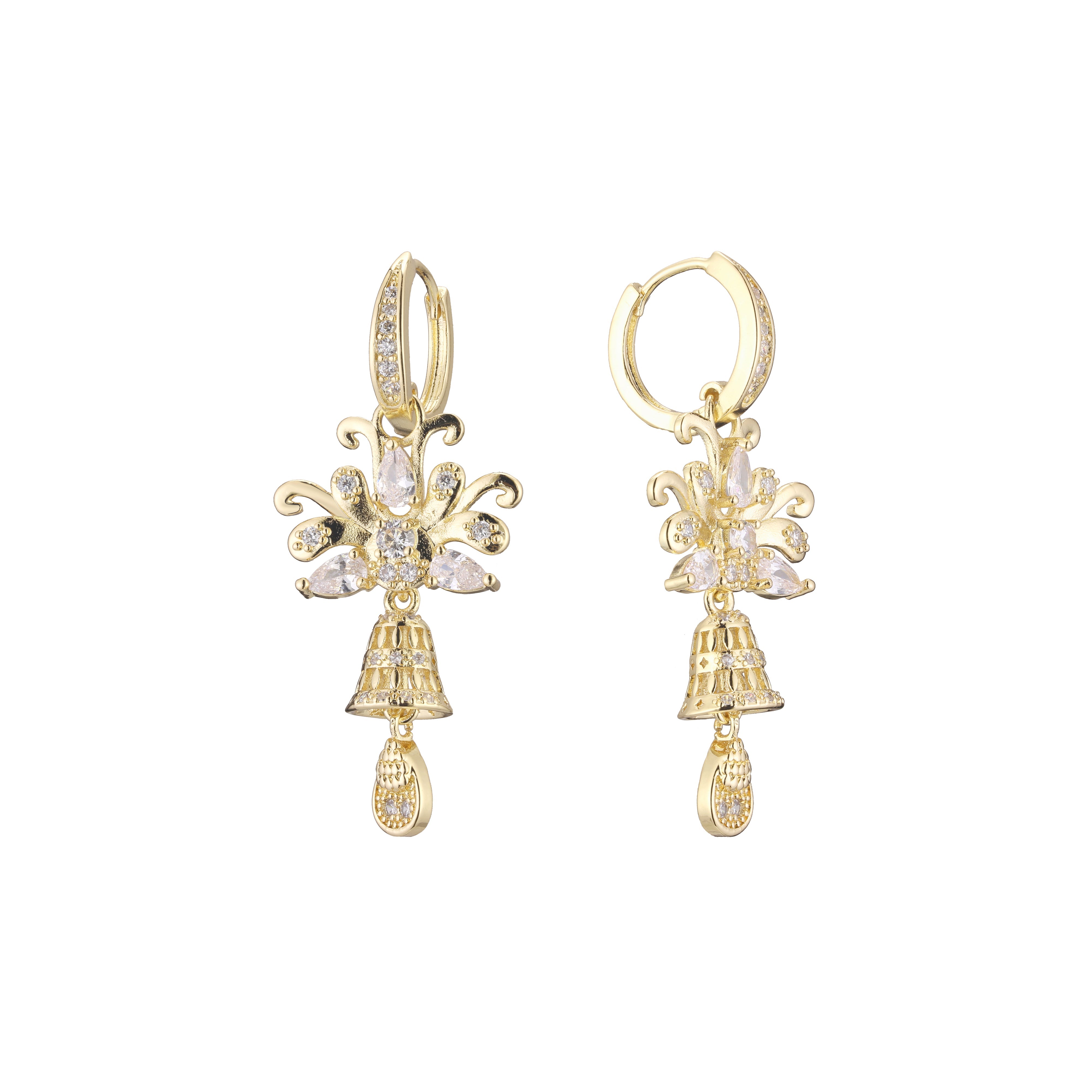 Aretes colgantes tipo candelabro con forma de racimo de hojas en Oro 14K, colores chapados en oro rosa