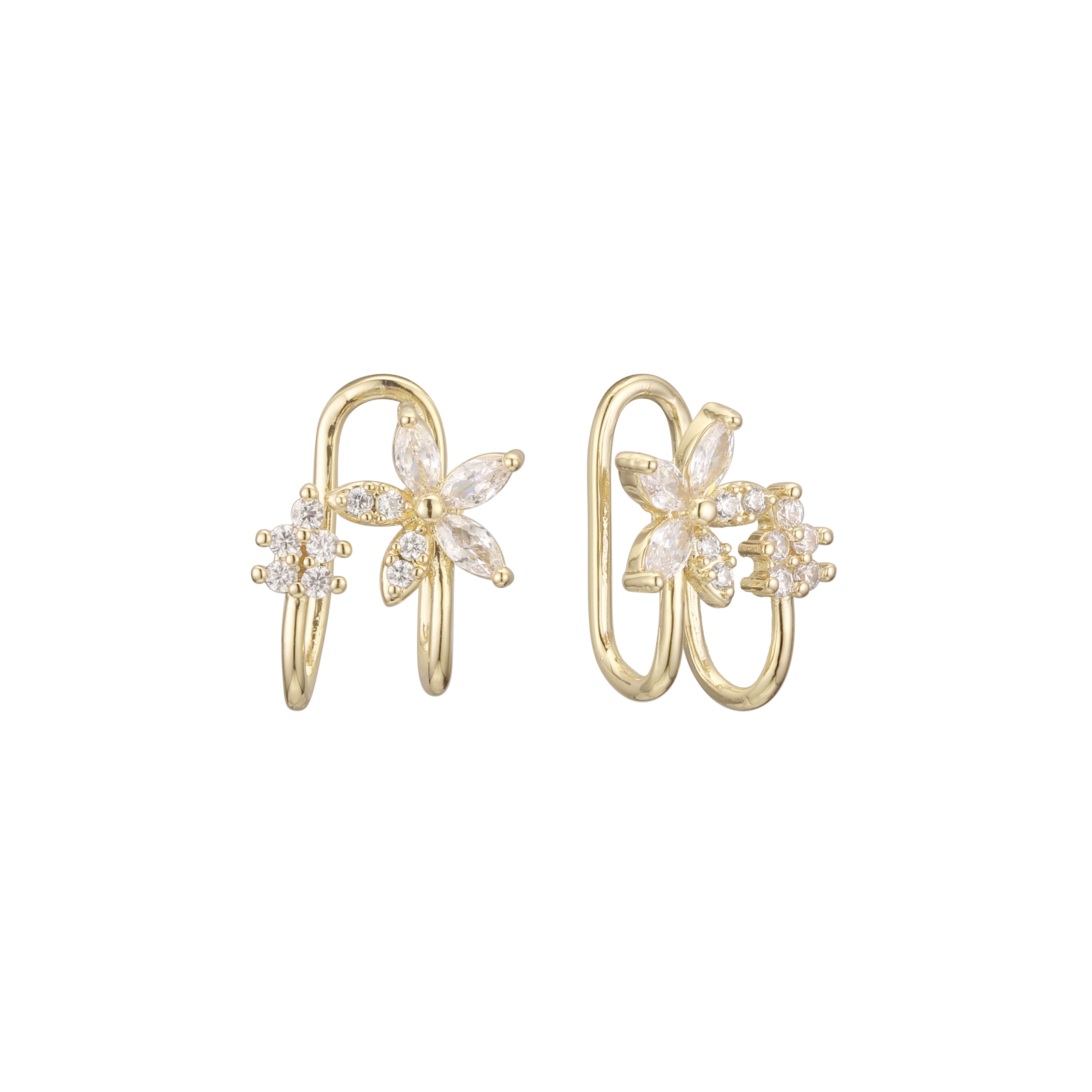 Aretes ear cuff con racimo de flores en Oro 14K, colores con baño de oro rosa