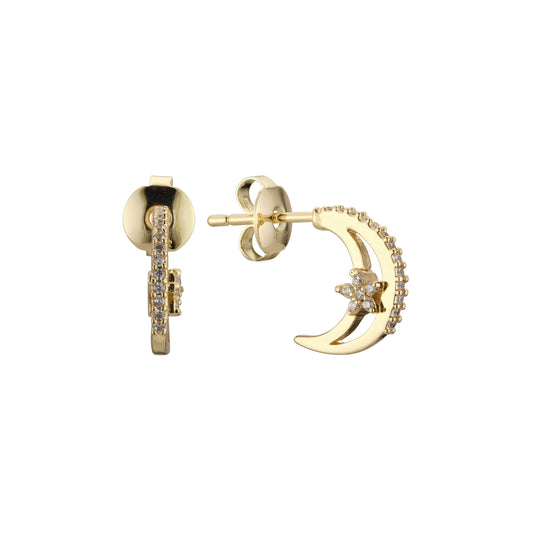 Star and the moon stud earrings in 14K Gold, Rose Gold, two tone plating colors