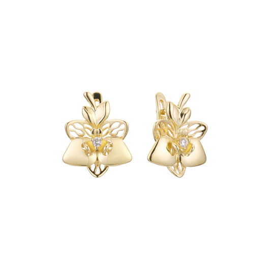 Life solitaire leave earrings in 14K Gold, Rose Gold, two tone plating colors