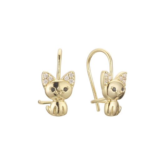 Wire hook cat cluster child earrings in 14K Gold, Rose Gold, two tone plating colors