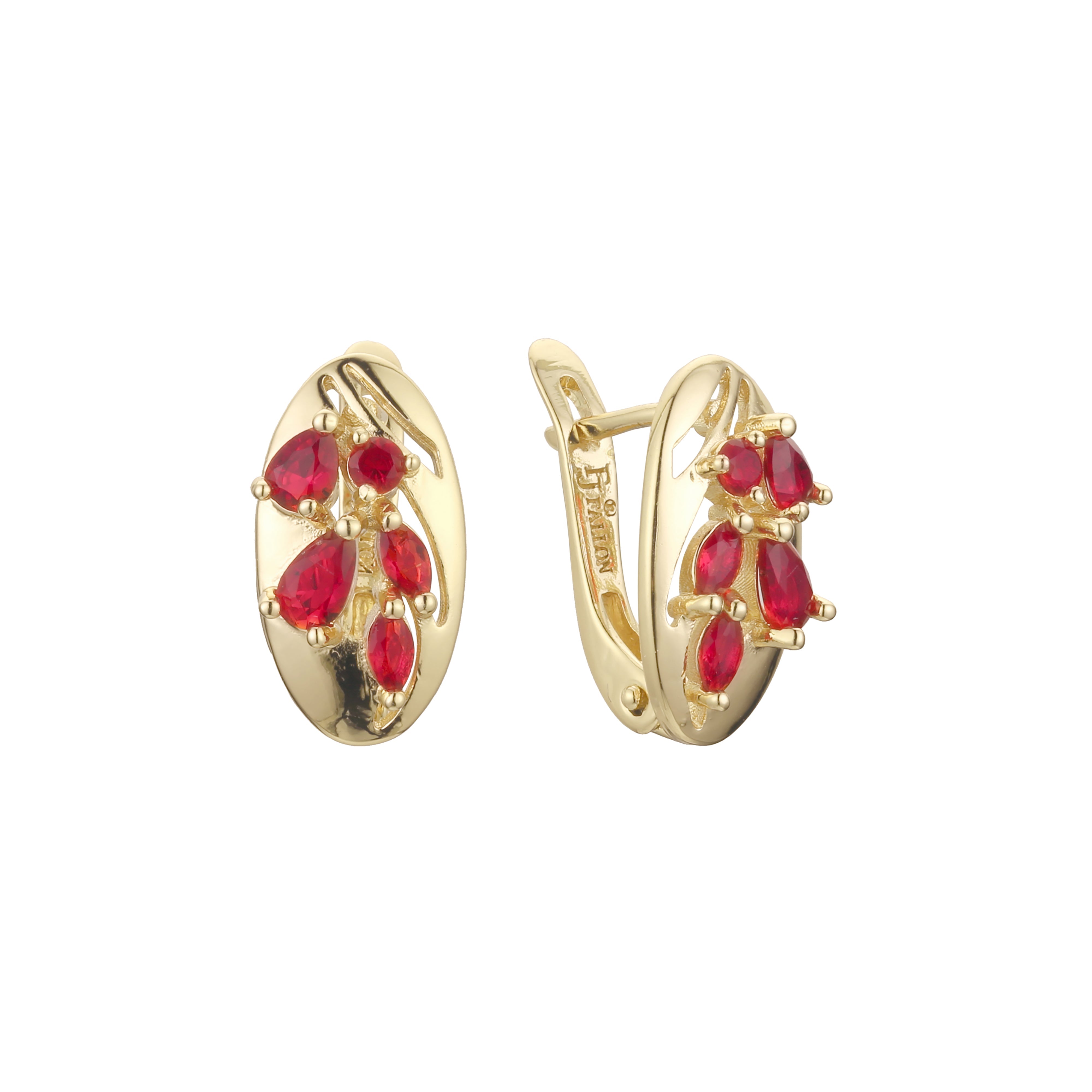 Aretes de racimo de cuatro piedras rojas en oro de 14K, baño de oro rosa en colores