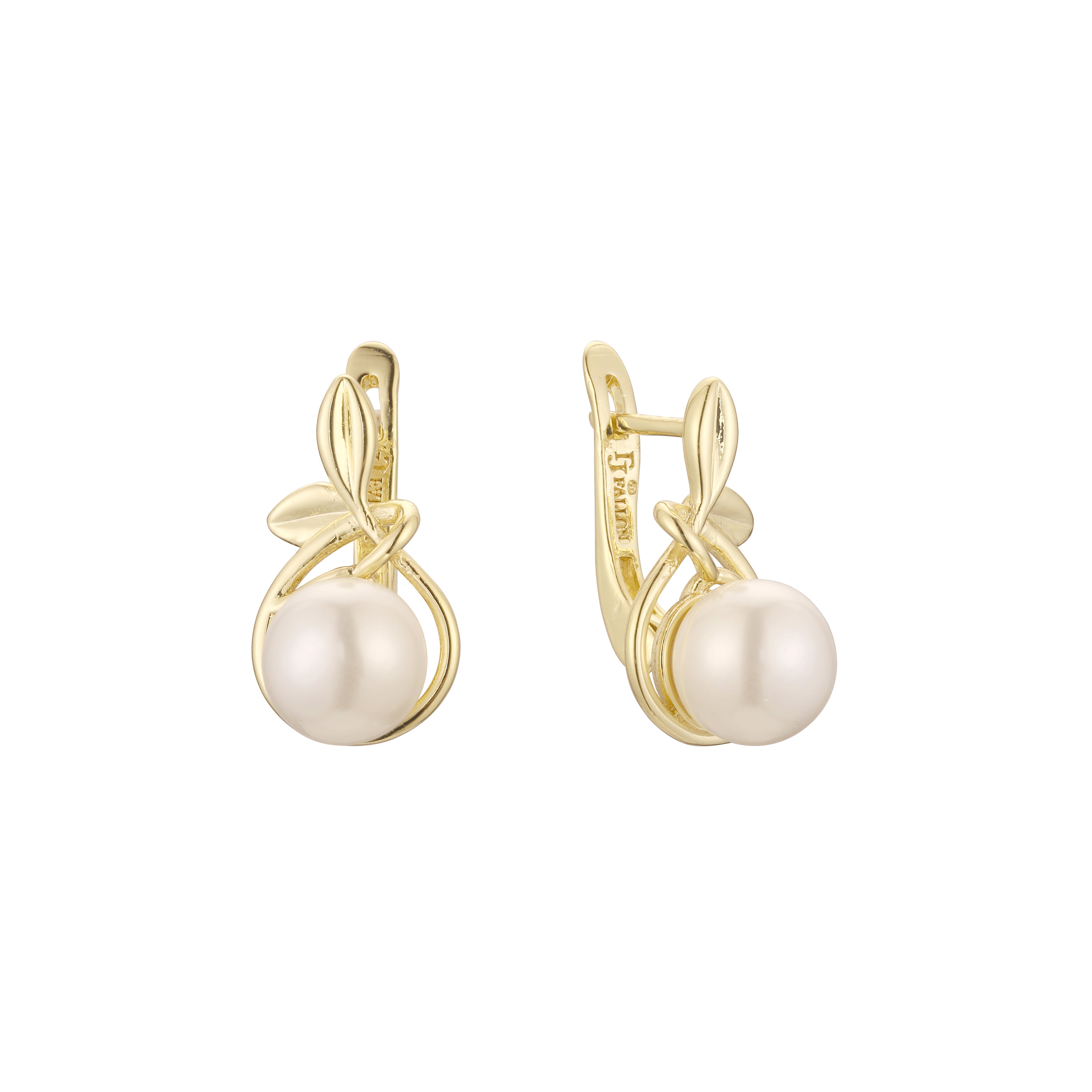 Leaves pearl earrings in 14K Gold, Rose Gold, two tone plating colors