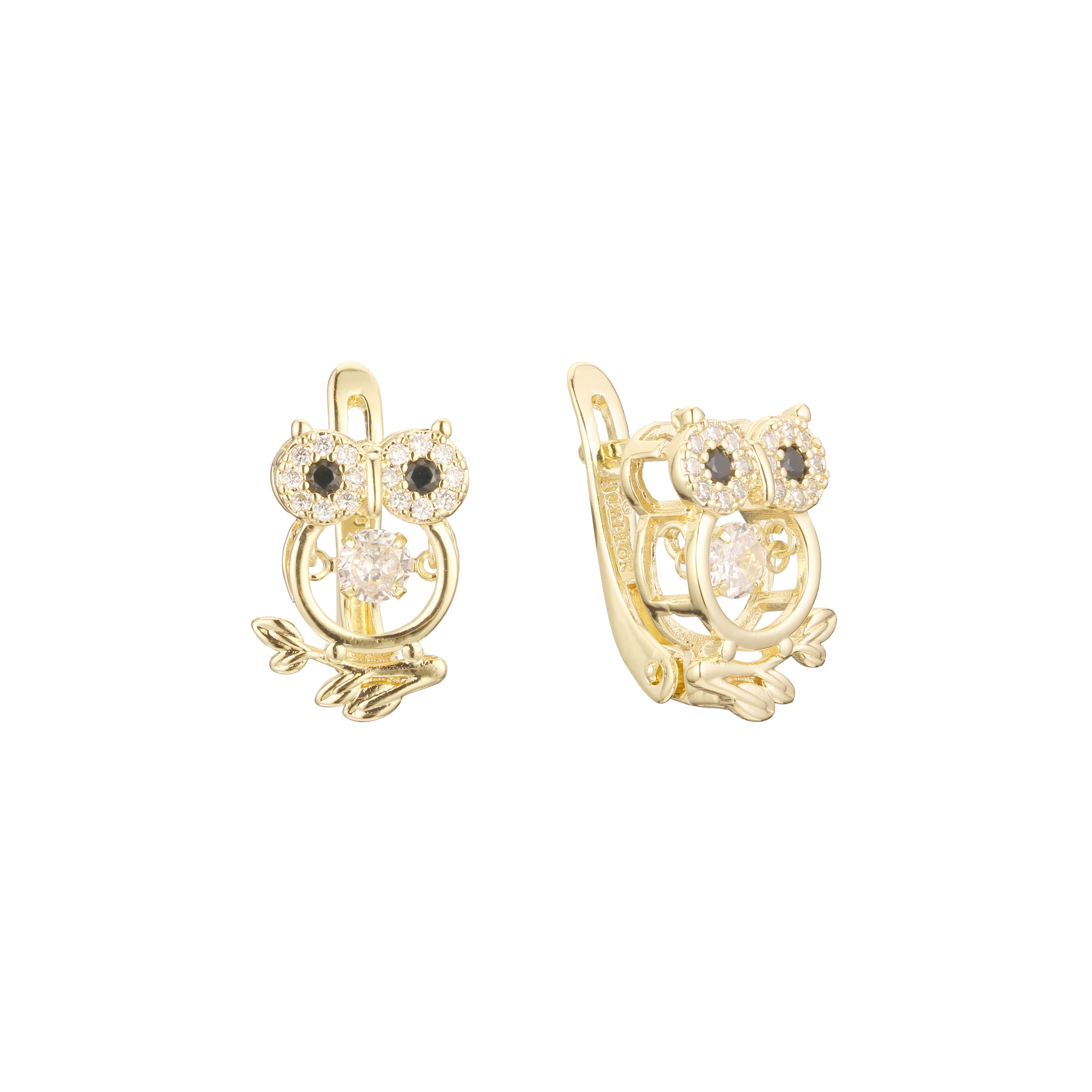 Owl and leaves cluster earrings in 14K Gold, Rose Gold plating colors