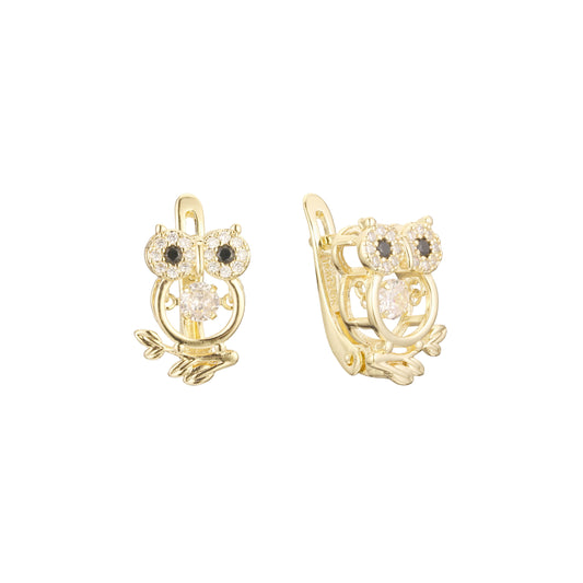 Owl and leaves cluster earrings in 14K Gold, Rose Gold plating colors