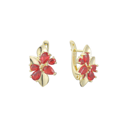 Brincos vermelhos com cachos de flores e folhas em ouro 14K, cores banhadas a ouro rosa