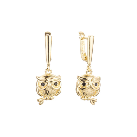 Owl cluster earrings in 14K Gold, Rose Gold plating colors