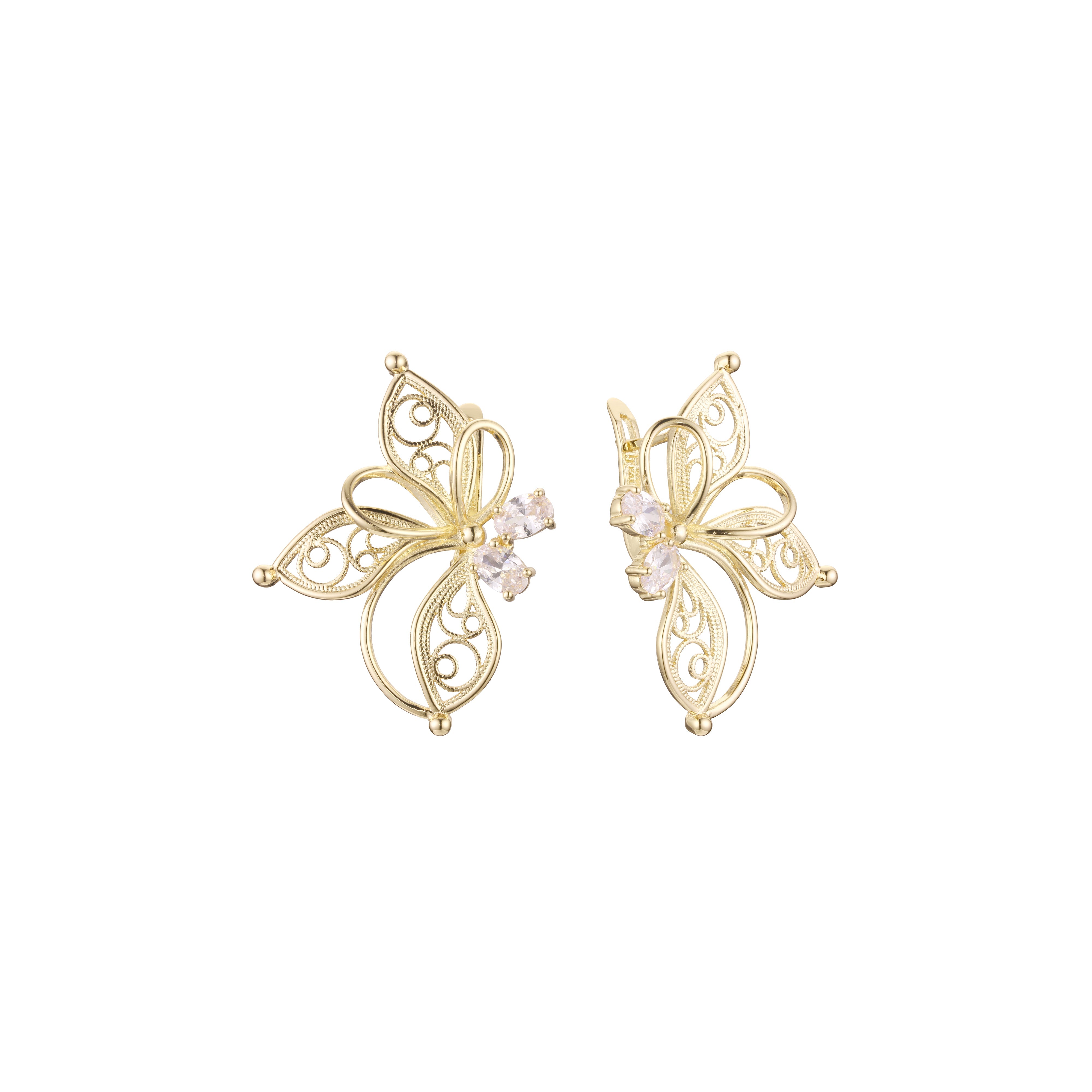 Pendientes mariposa doble piedras en Oro de 14K, baño de Oro Rosa colores