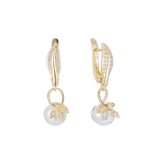 Aretes colgantes de perlas Life Leaves en Oro 14K, oro rosa, baño de dos tonos