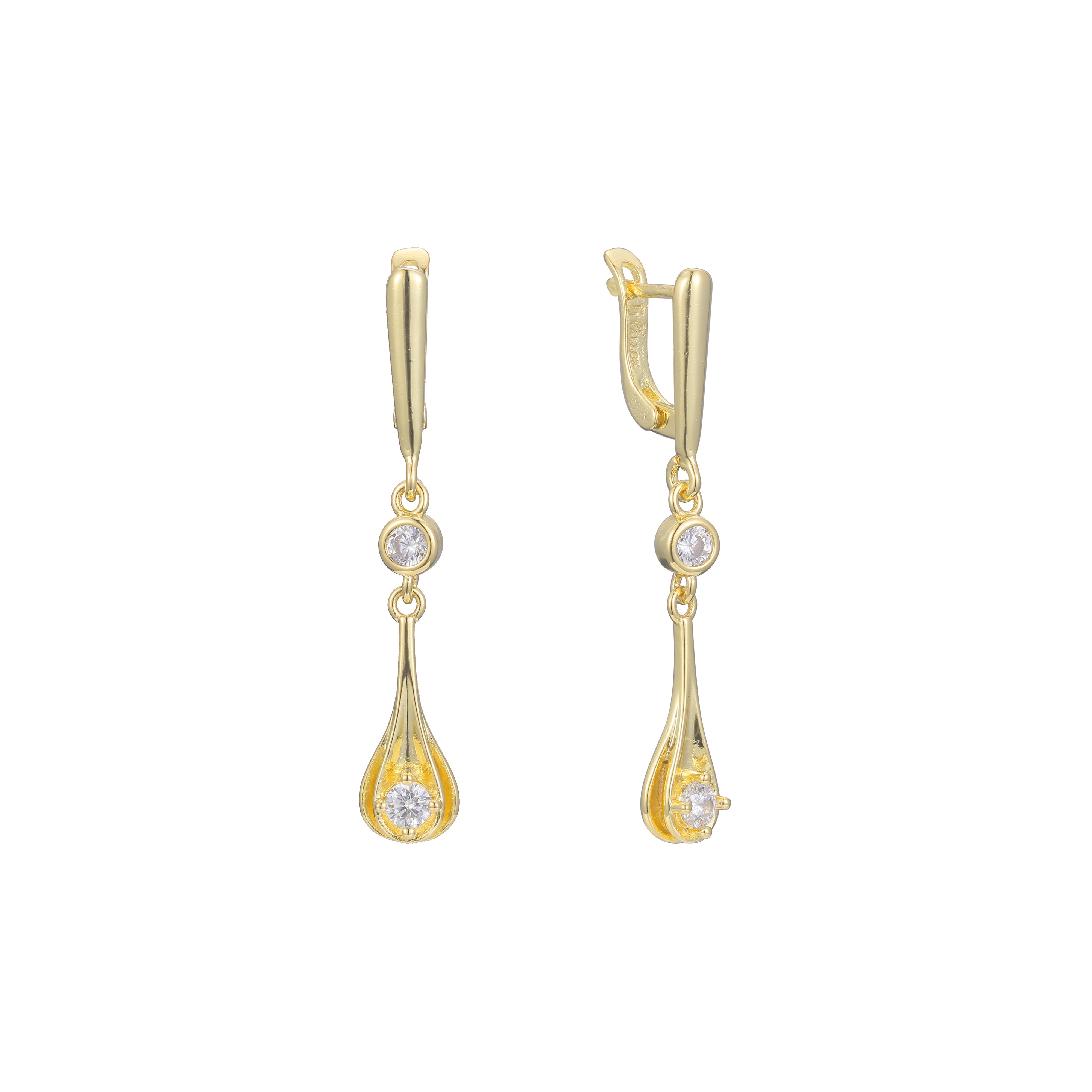 Aretes colgantes de piedras dobles en Oro de 14K, colores baño de Oro Rosa