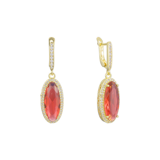 Aretes colgantes Solitario con piedra roja grande en Oro de 14K, baño de Oro Rosa en colores