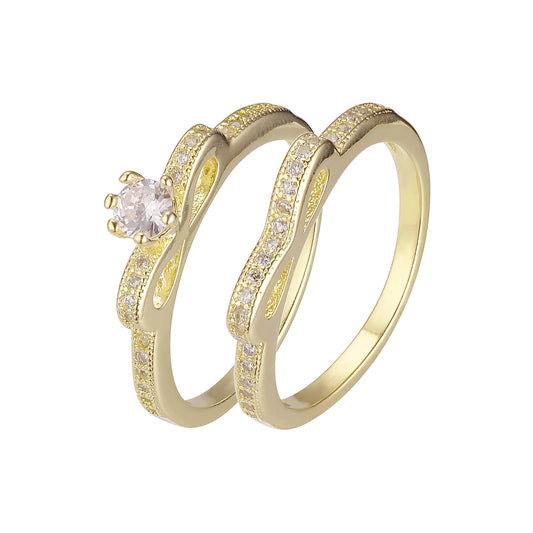 Ribbon band solitaire paved stackable rings plated in 14K Gold