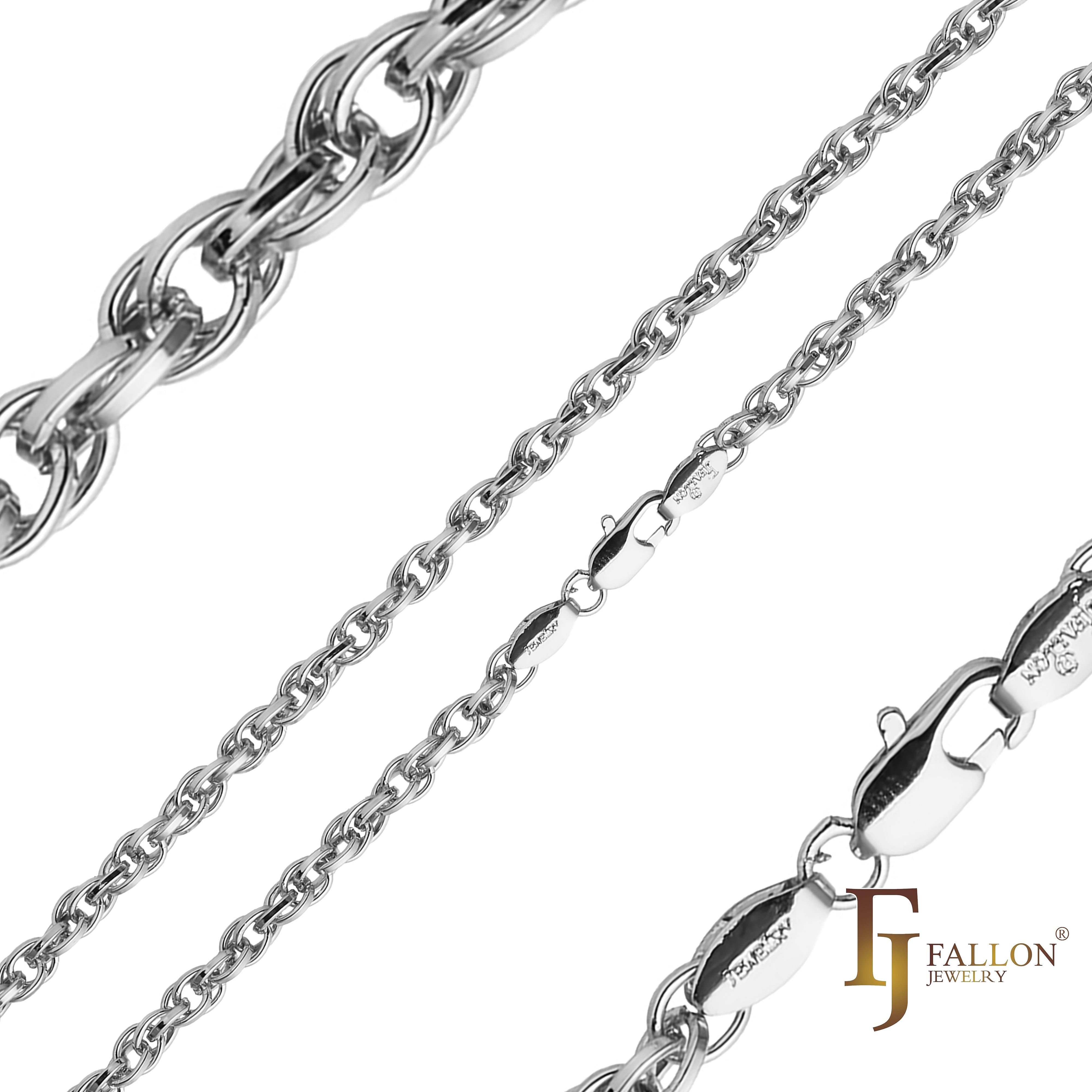 Cable Rolo Rope chains plated in White Gold, 14K Gold, Rose Gold