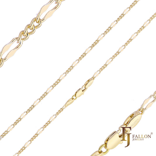 Thin Figaro Fancy cable link chains plated in 14K Gold, Rose Gold, two tone