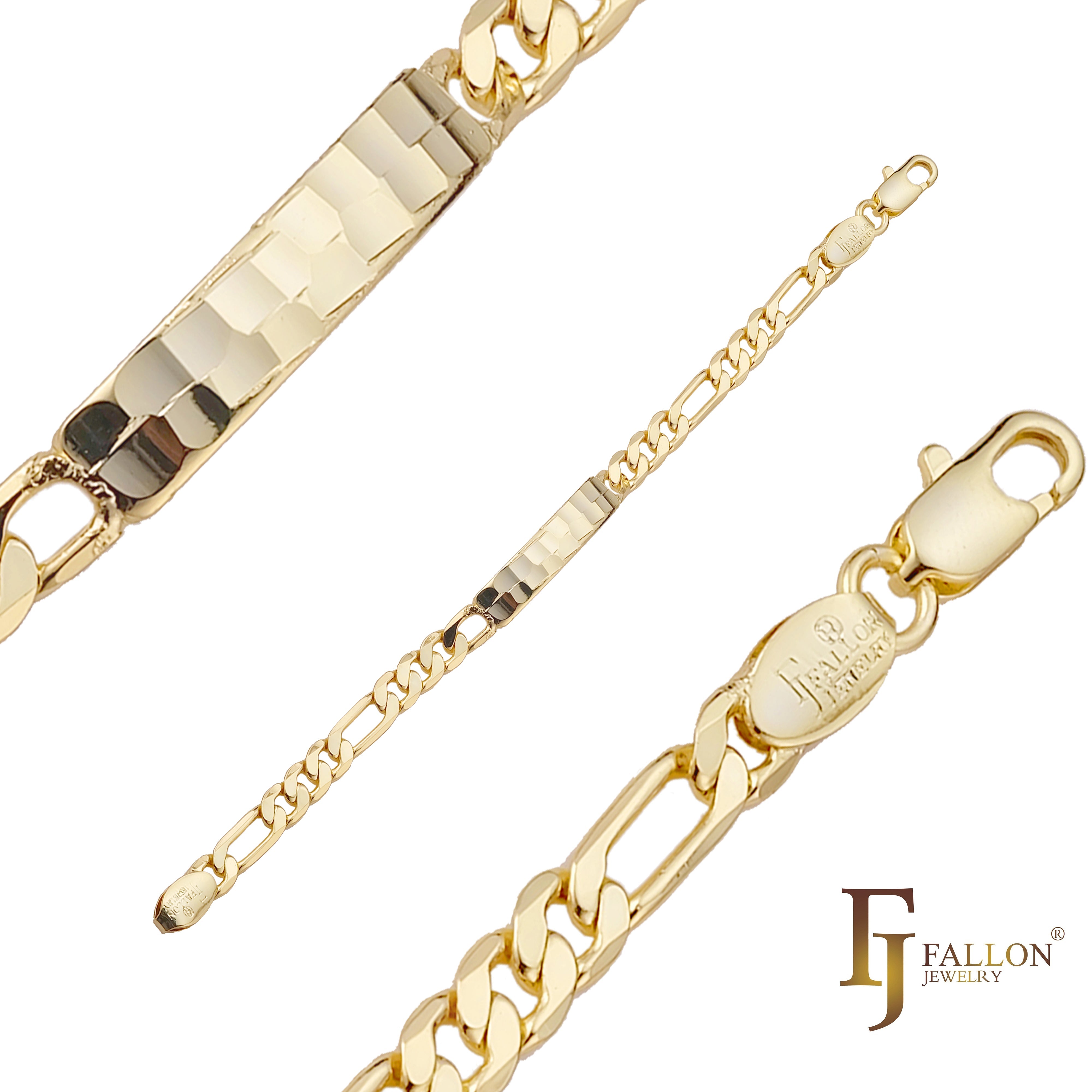 Pulseiras ID masculinas Figaro link banhadas em ouro 14K