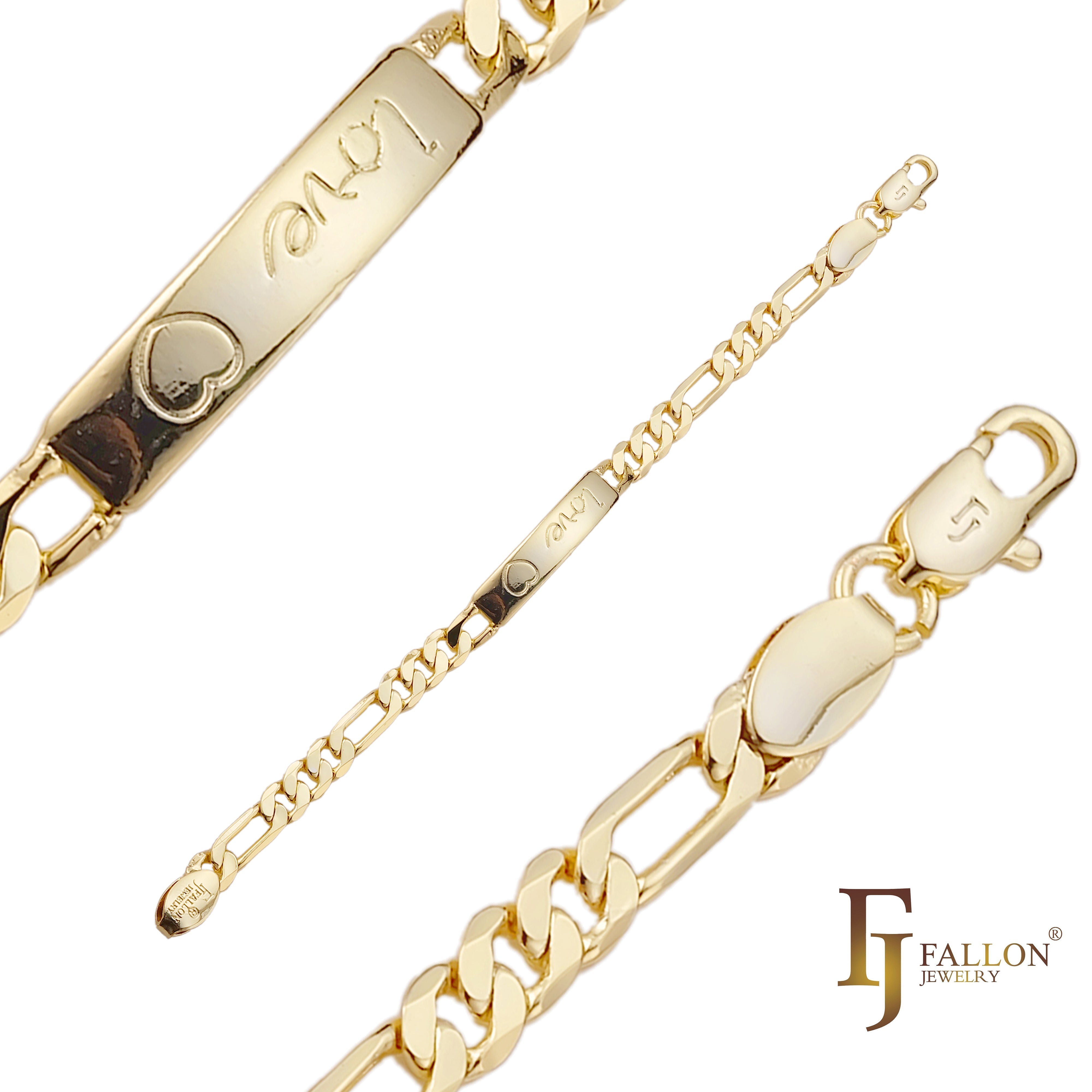 Pulseiras ID masculinas Figaro link com amor e coração banhadas a ouro 14K