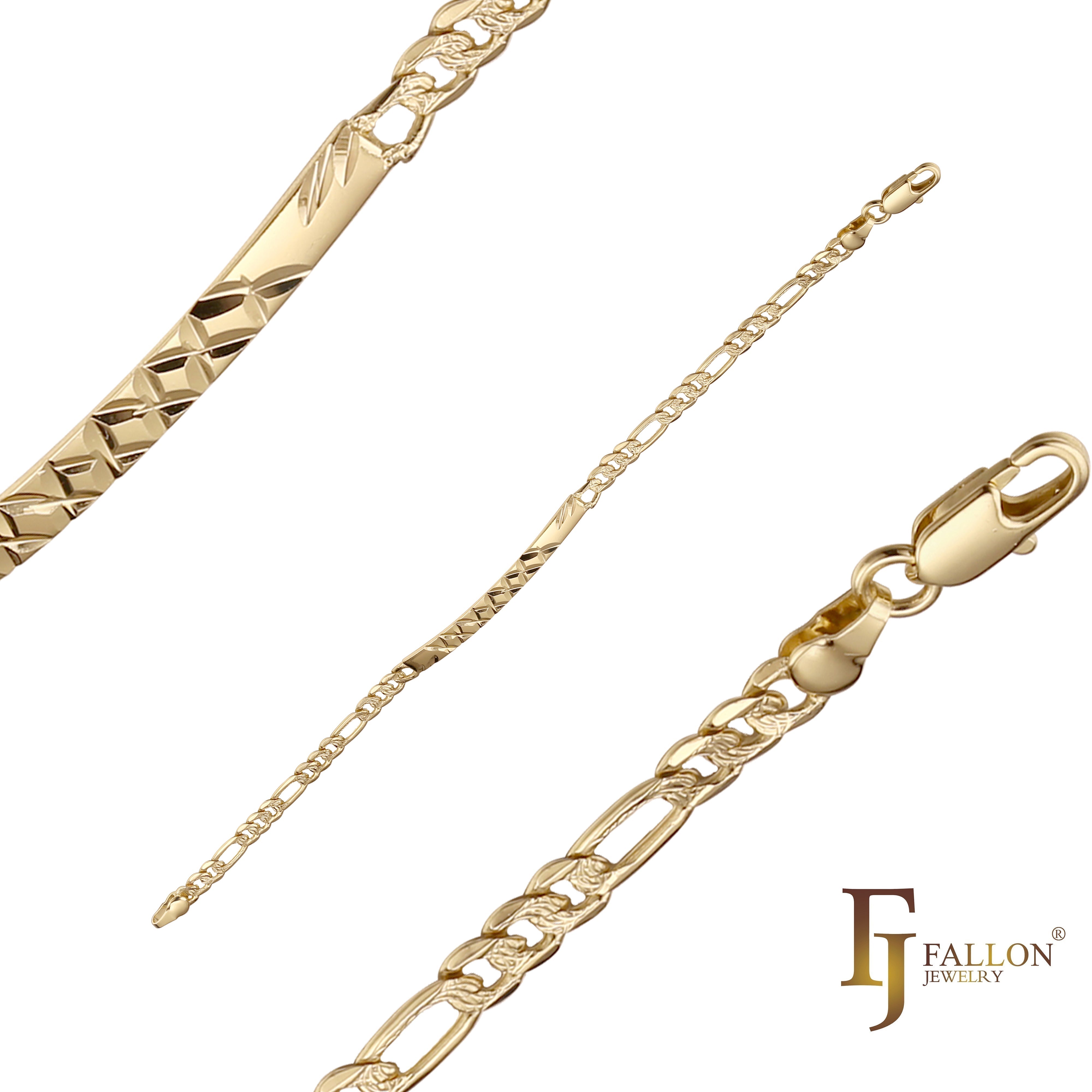 Figaro link 14K Gold, two tone ripple hammered Men's clover ID bracelets