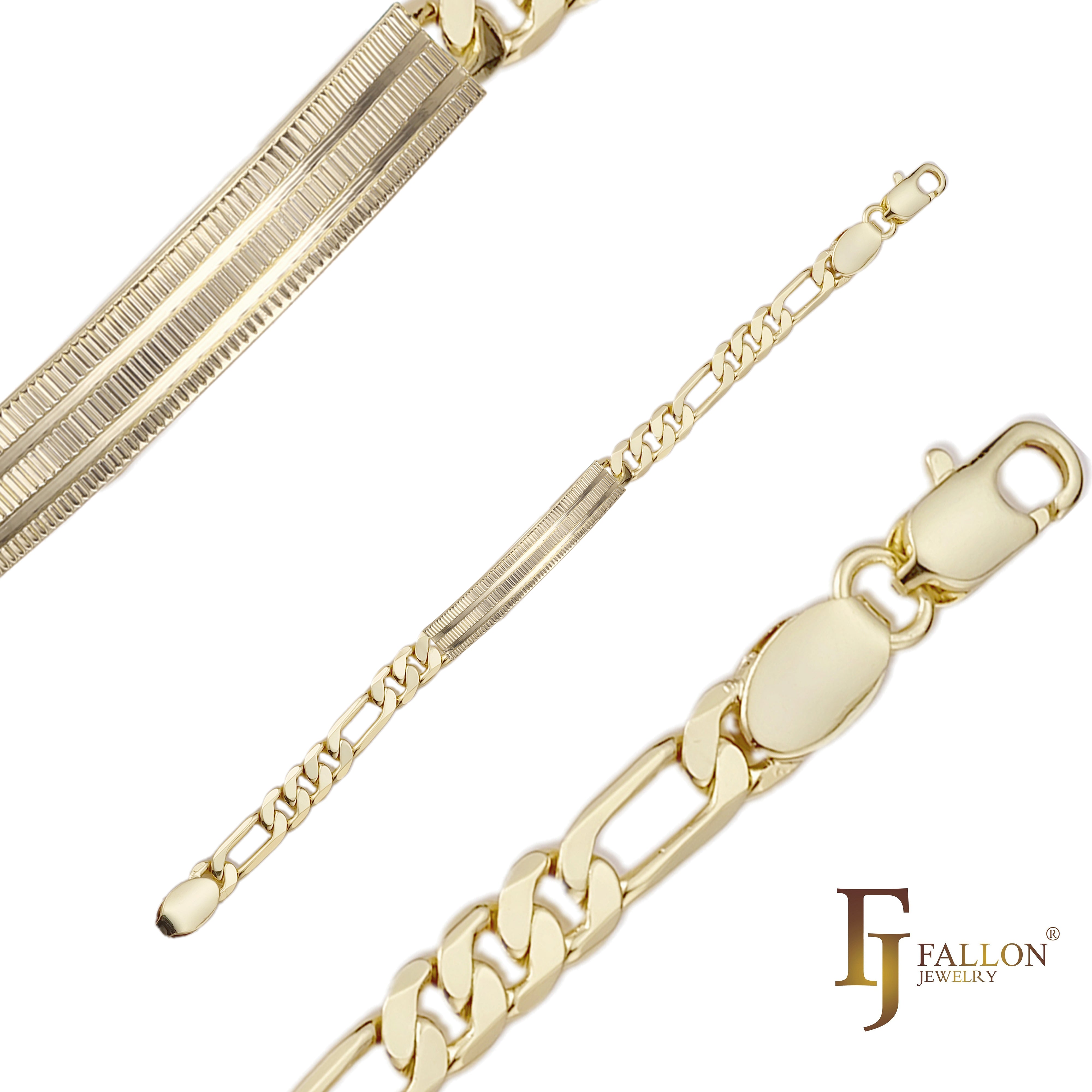 Pulseiras ID masculinas Figaro link banhadas em ouro 14K