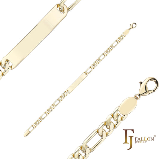 Nice polished Figaro link Men's ID bracelets plated in 14K Gold colors