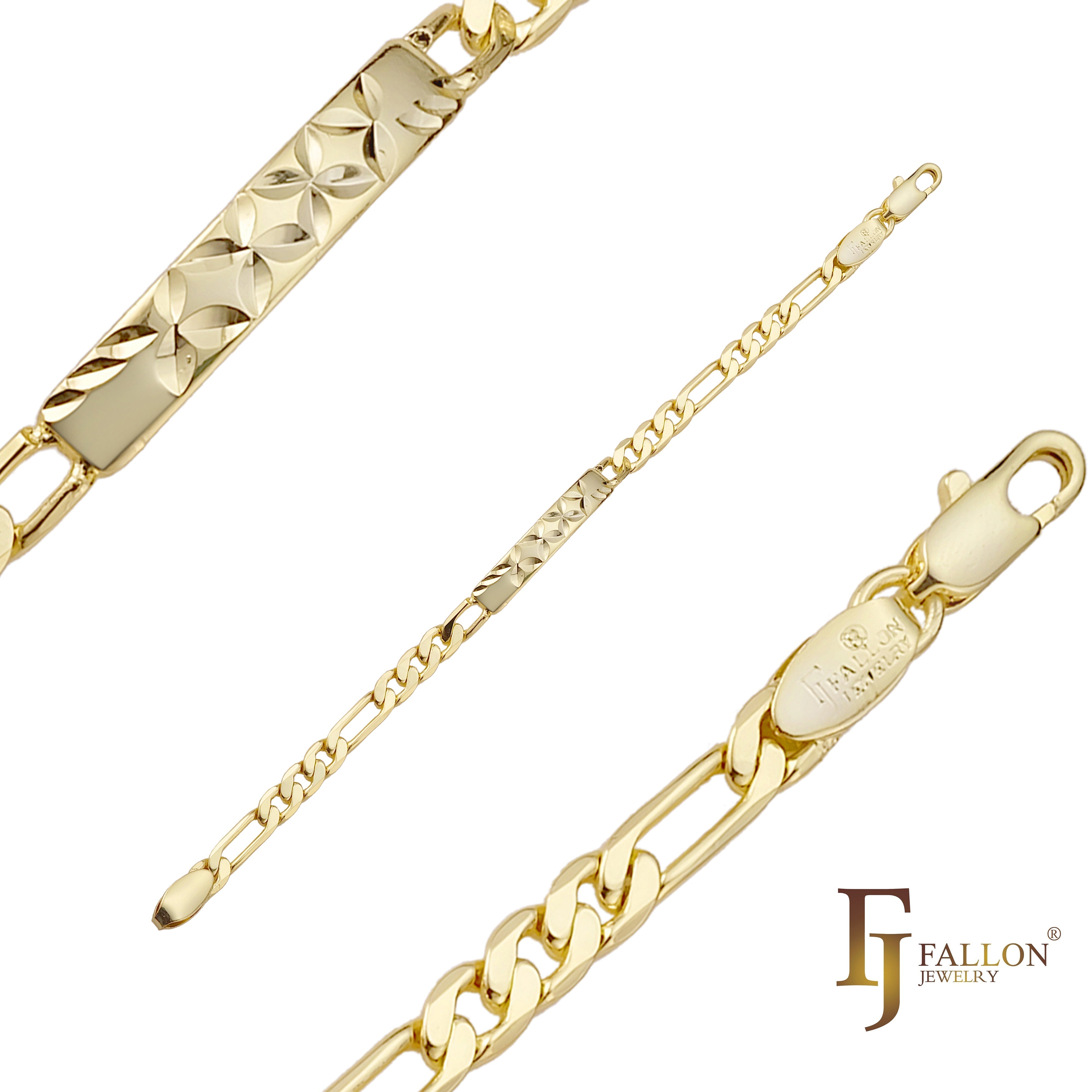 Figaro link 14K Gold, two tone, three tone Men's Clover ID bracelets