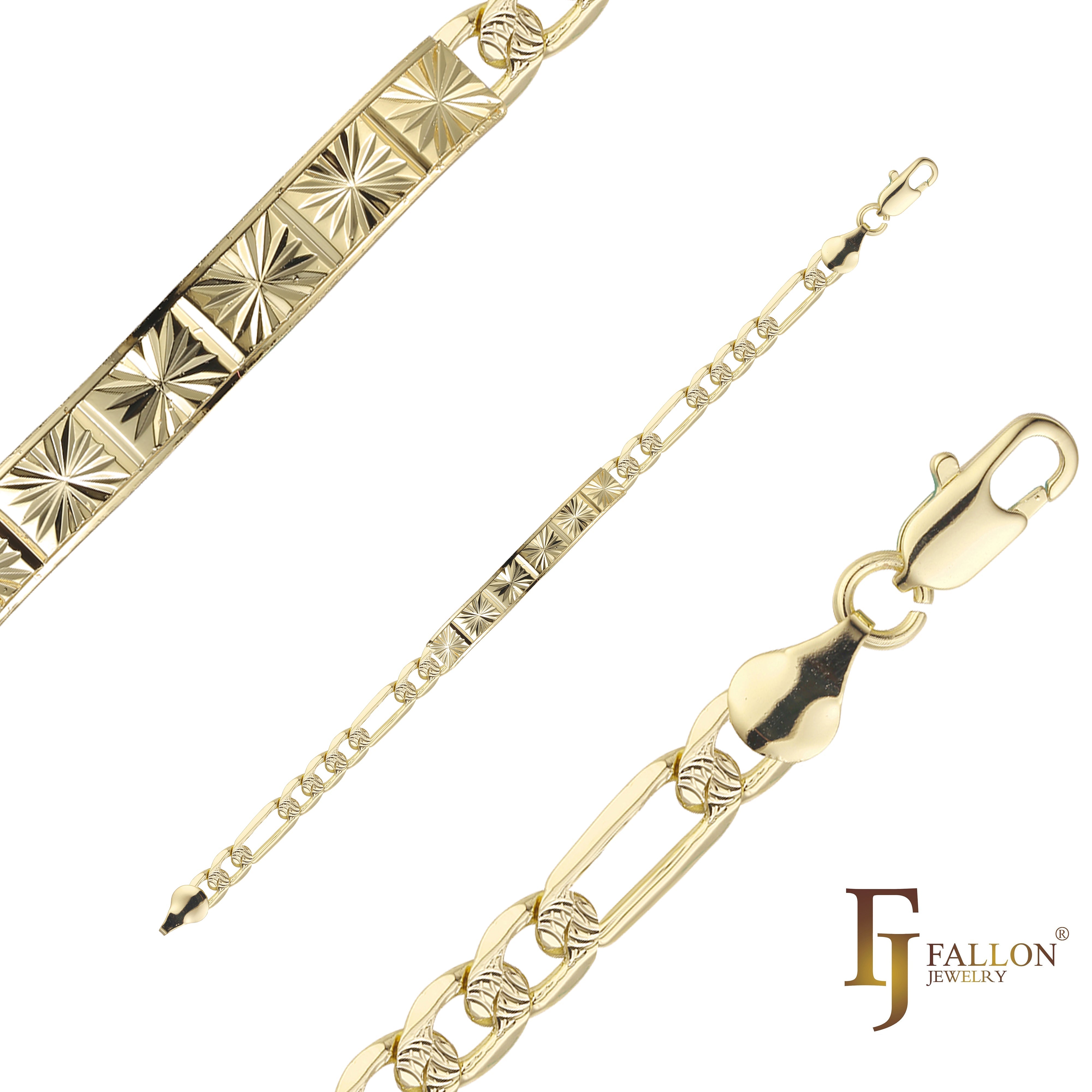 Pulseiras ID masculinas Figaro link banhadas em ouro 14K