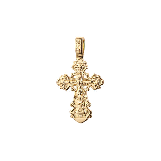 Colgante de cruz católica con capullo en oro rosa y baño de Oro 14K.