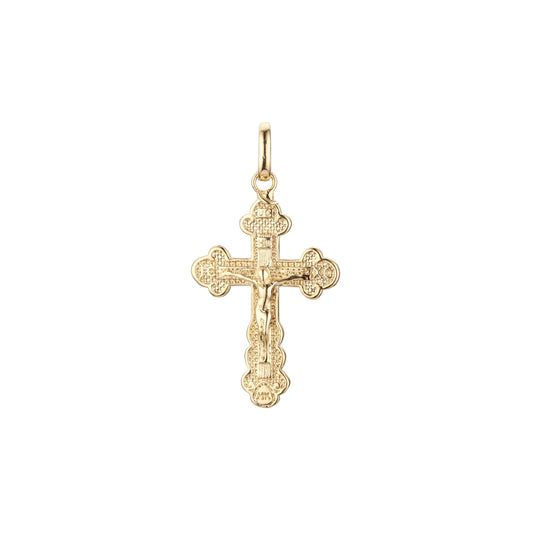 Colgante de cruz católica con capullo en oro rosa y baño de Oro 14K.