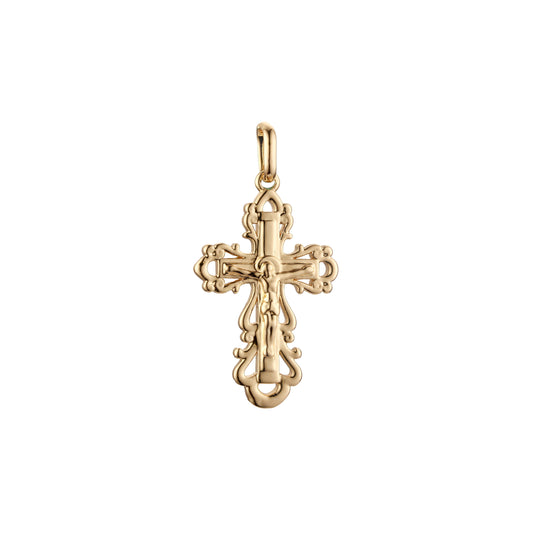 Colgante de cruz católica con capullo en oro rosa y baño de Oro 14K.