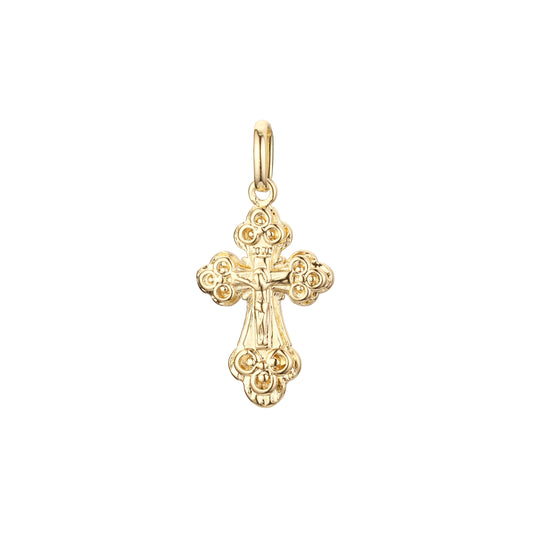 Colgante de cruz católica con capullo en oro rosa y baño de Oro 14K.