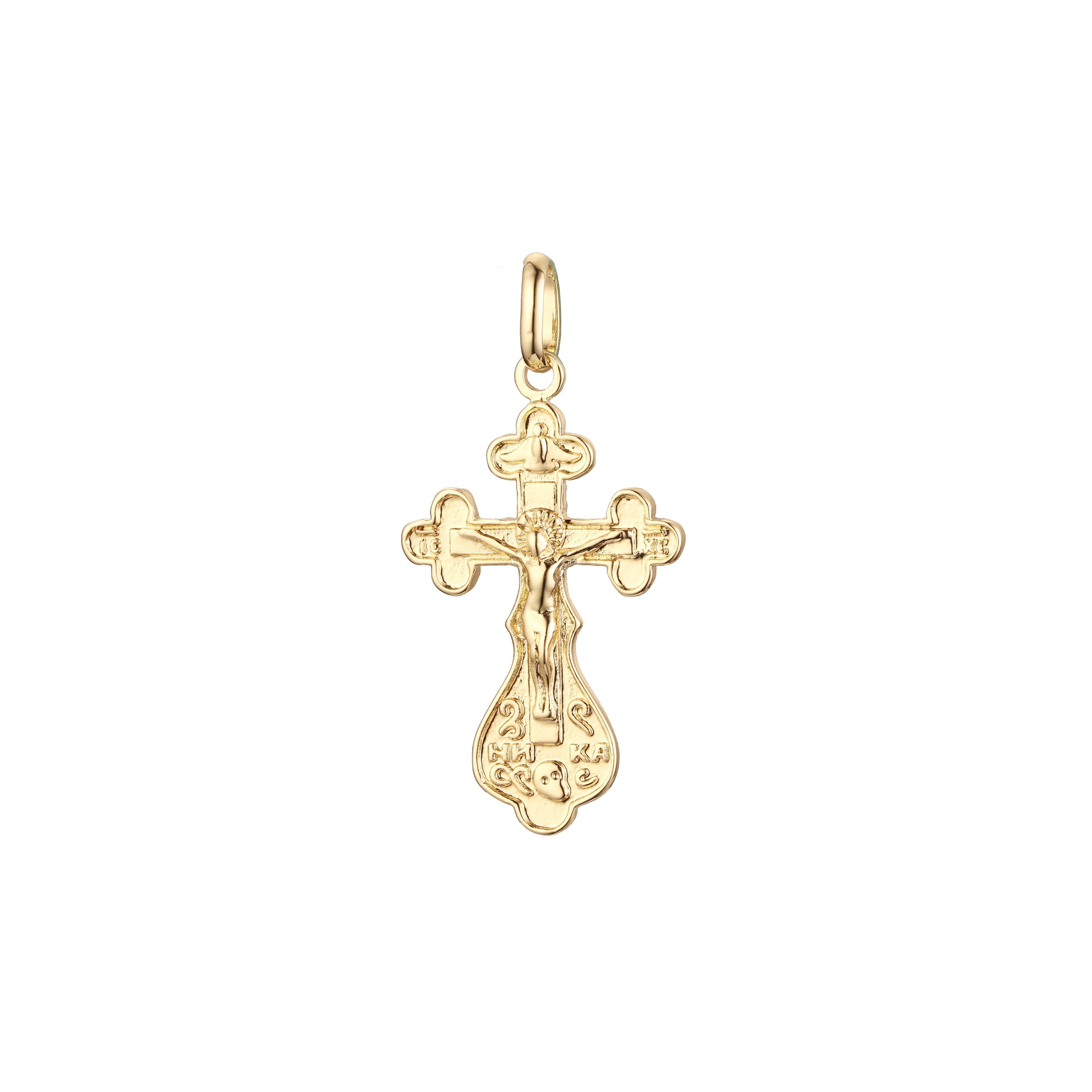 Colgante de cruz católica en flor con baño de Oro 14K, oro rosa y oro blanco.