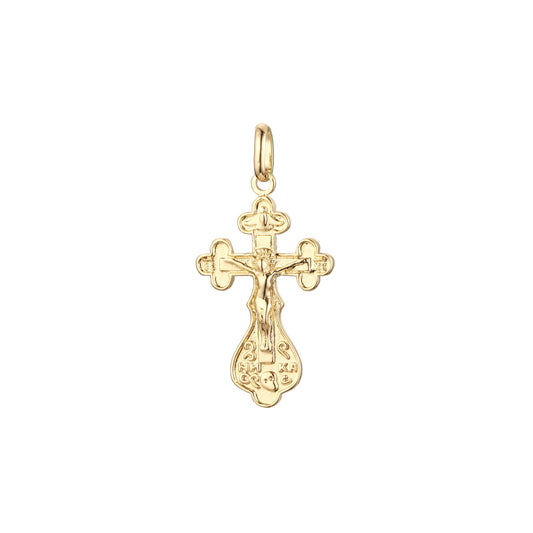 Colgante de cruz católica en flor con baño de Oro 14K, oro rosa y oro blanco.