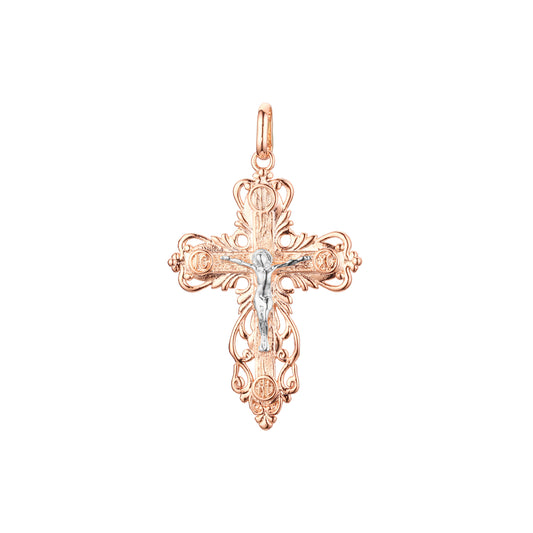 Catholic cross budded pendant in 14K Gold, Rose Gold two tone & White Gold plating colors