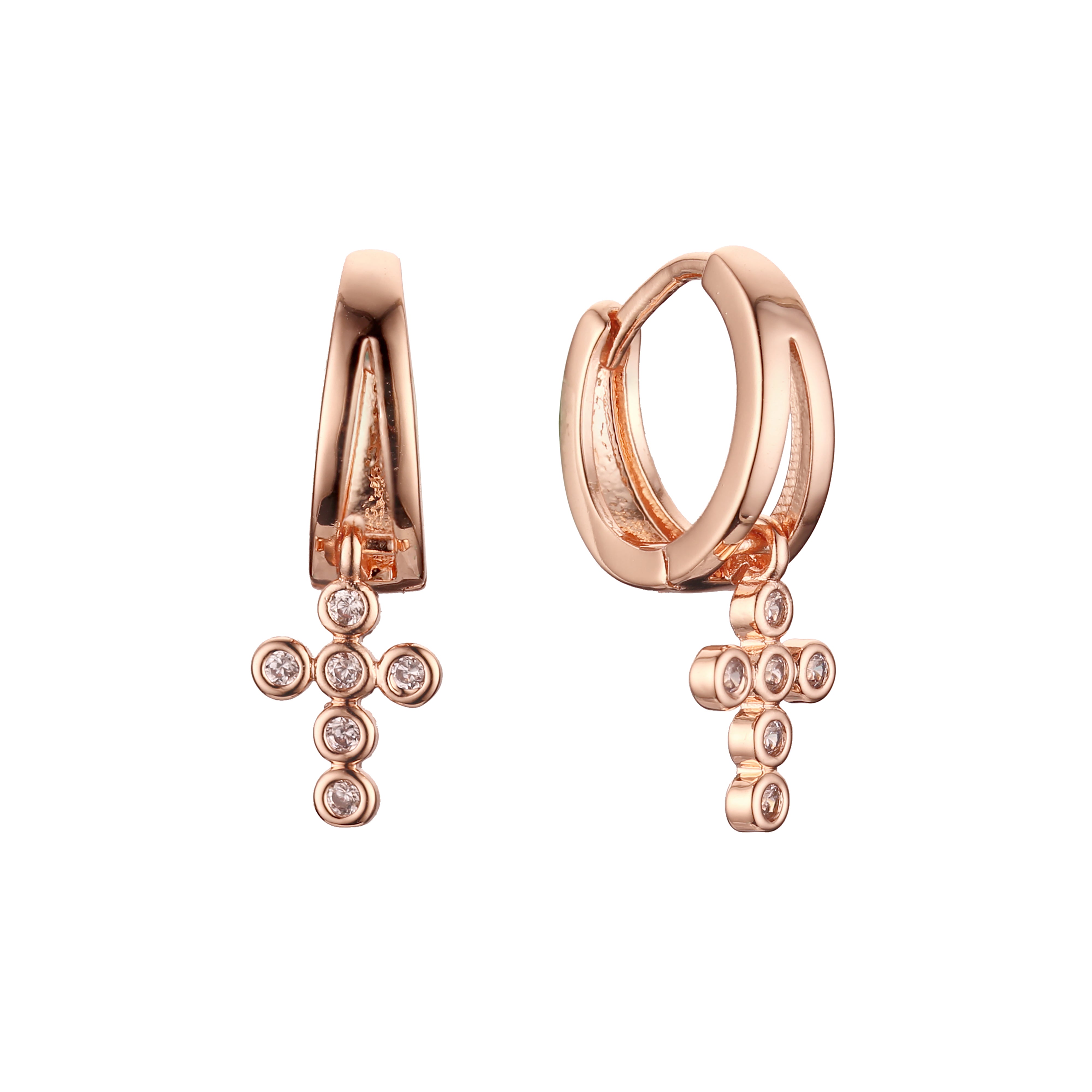 Brincos de cruz Huggie cluster em ouro 14K, cores banhadas a ouro rosa