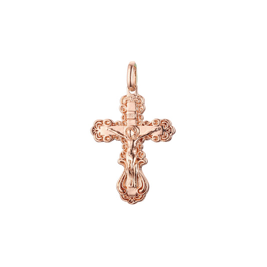 Colgante cruz católica florecida en Oro Rosa bicolor, baño de Oro 14K colores