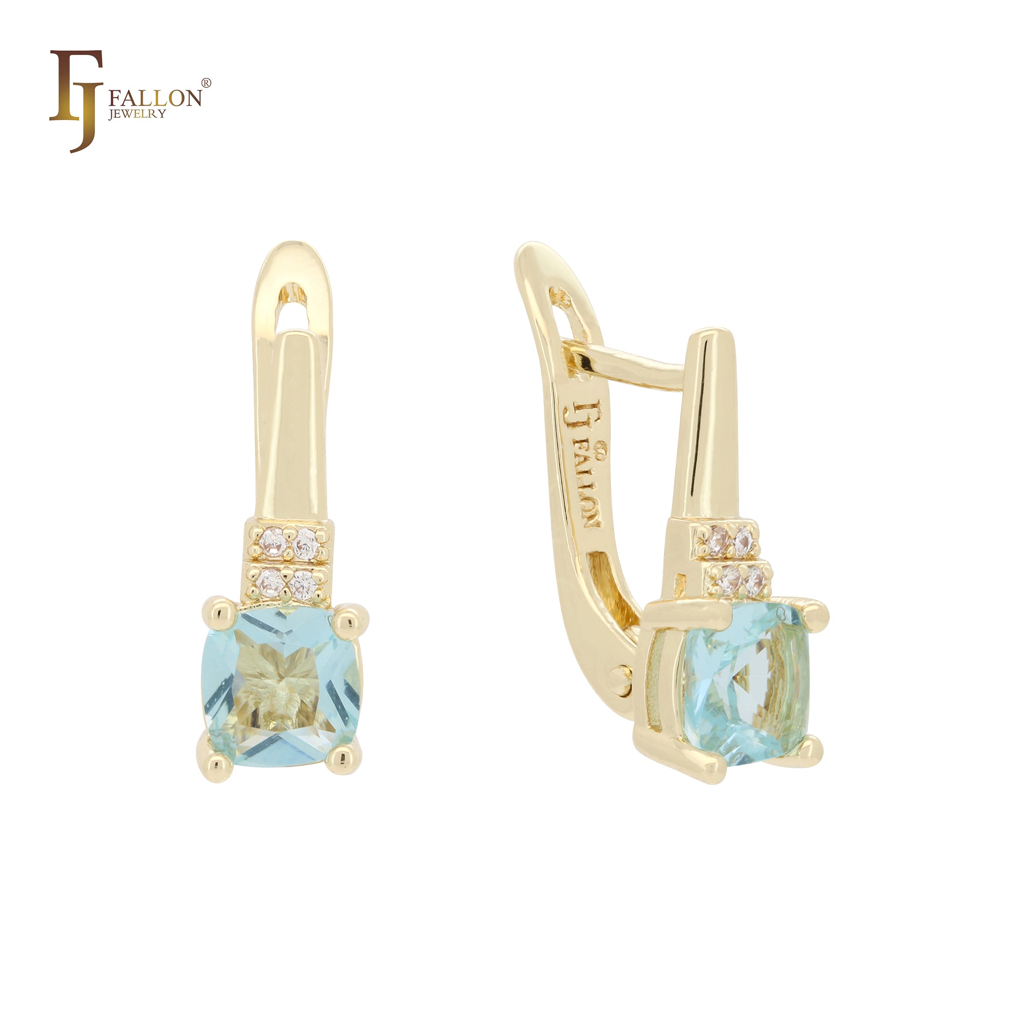 Solitaire cushion lake blue CZ 14K Gold earrings