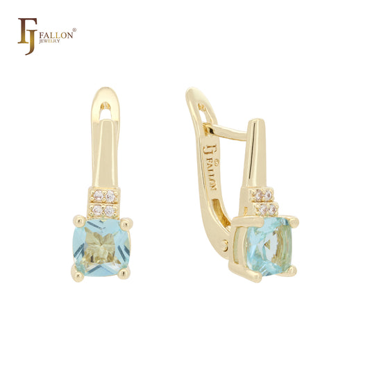 Solitaire cushion lake blue CZ 14K Gold earrings