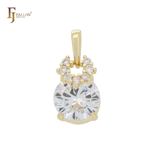 Solitaire halo White CZ 14K Gold pendant