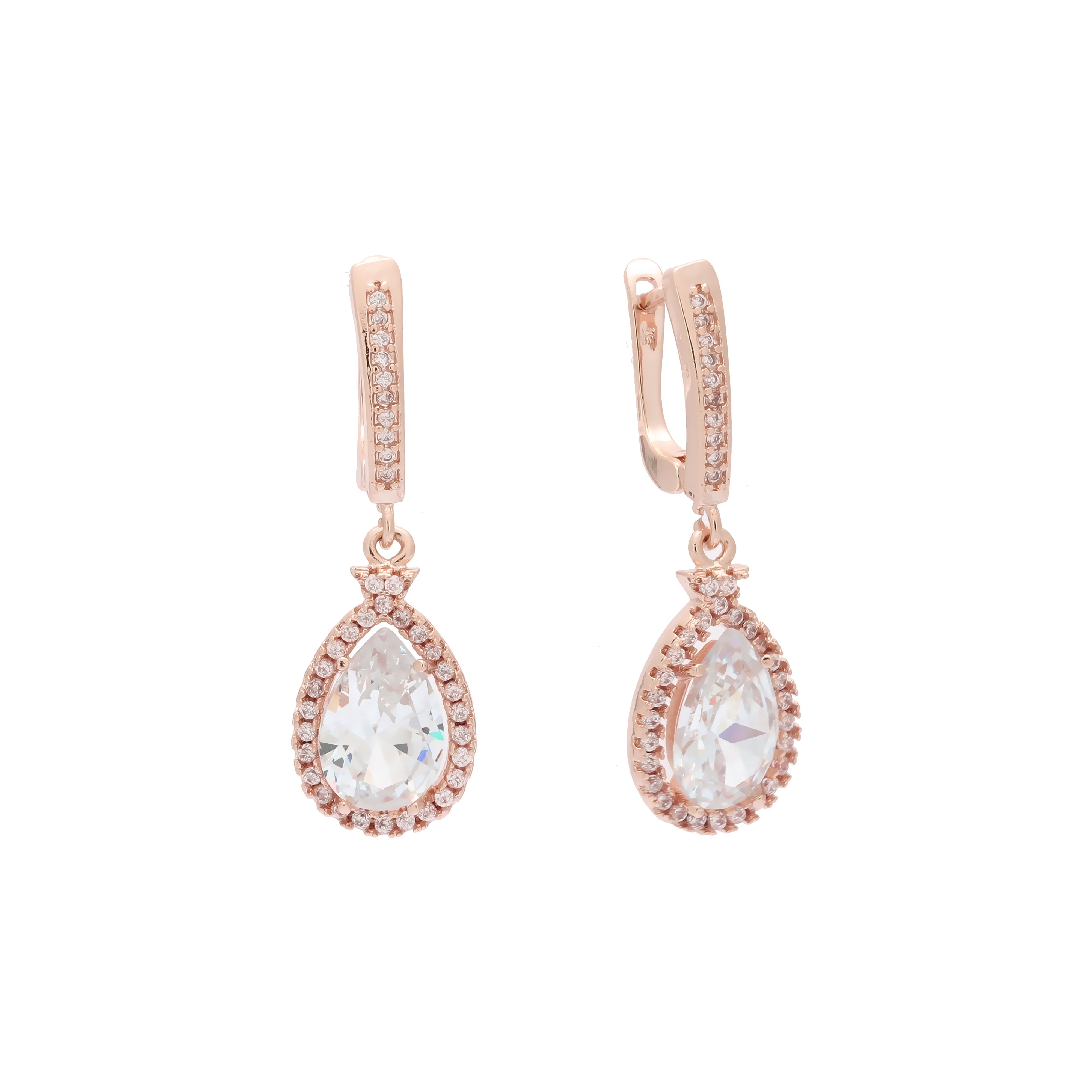 Teardrop halo earrings in 14K Gold, 18K Gold, Rose Gold, plating colors